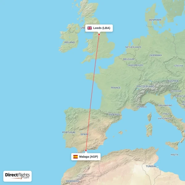 Leeds - Malaga direct flight map
