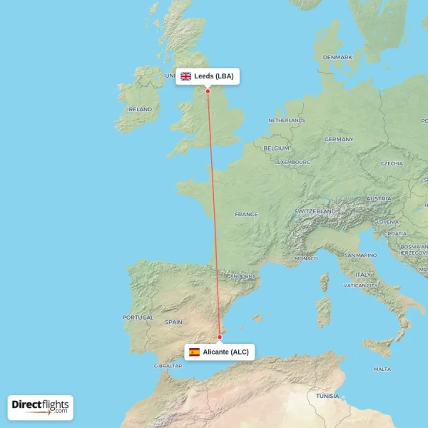 Leeds - Alicante direct flight map