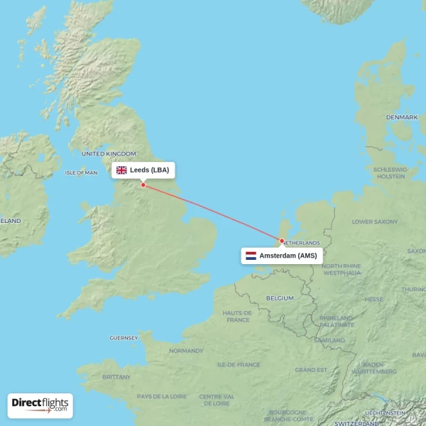 Leeds - Amsterdam direct flight map