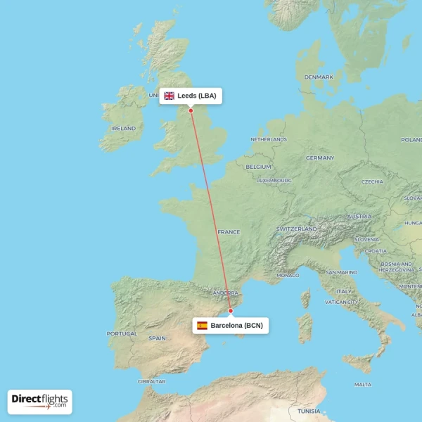Leeds - Barcelona direct flight map