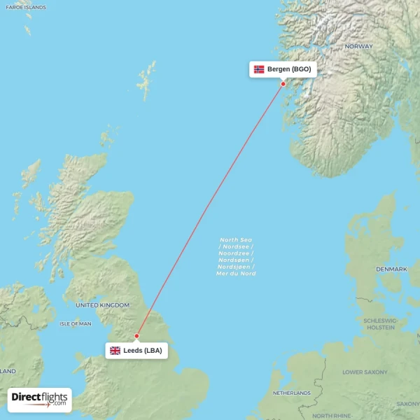 Leeds - Bergen direct flight map