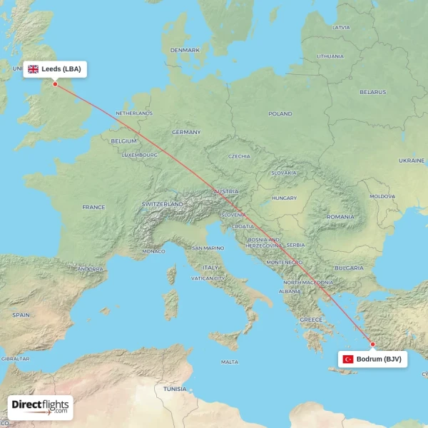 Leeds - Bodrum direct flight map