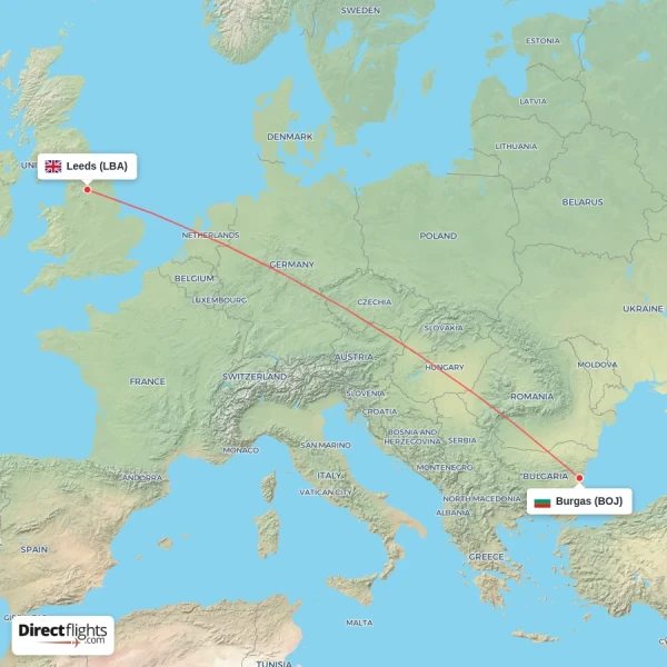 Leeds - Burgas direct flight map