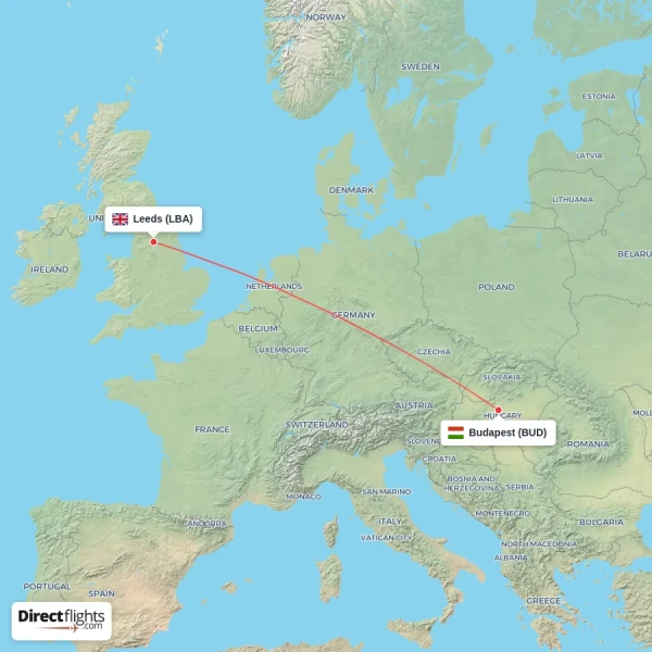 Leeds - Budapest direct flight map
