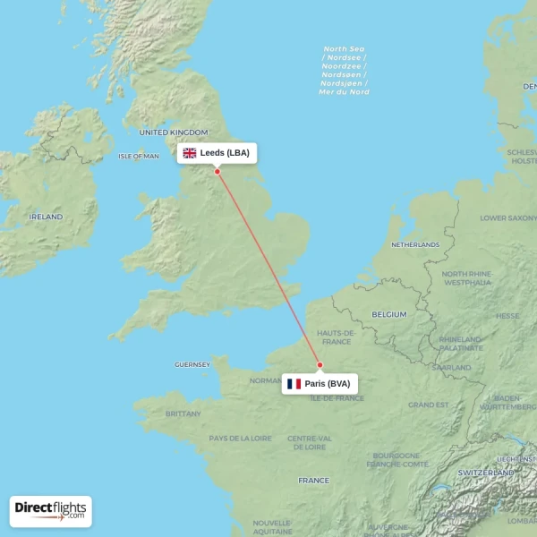 Leeds - Paris direct flight map