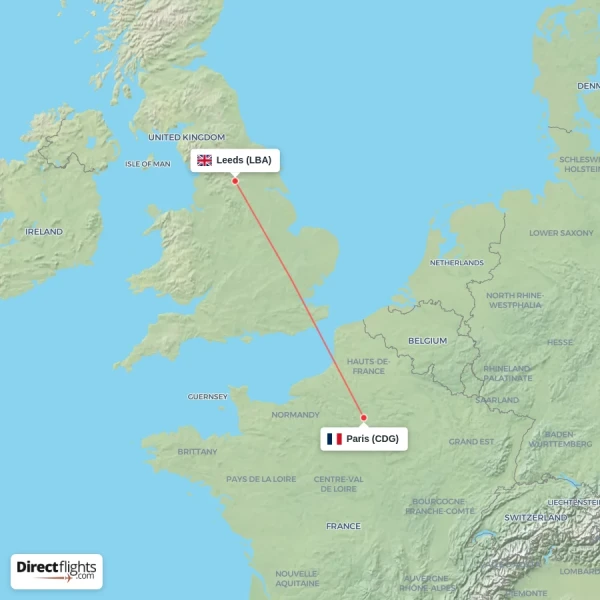 Leeds - Paris direct flight map