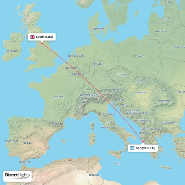 Leeds - Kerkyra direct flight map