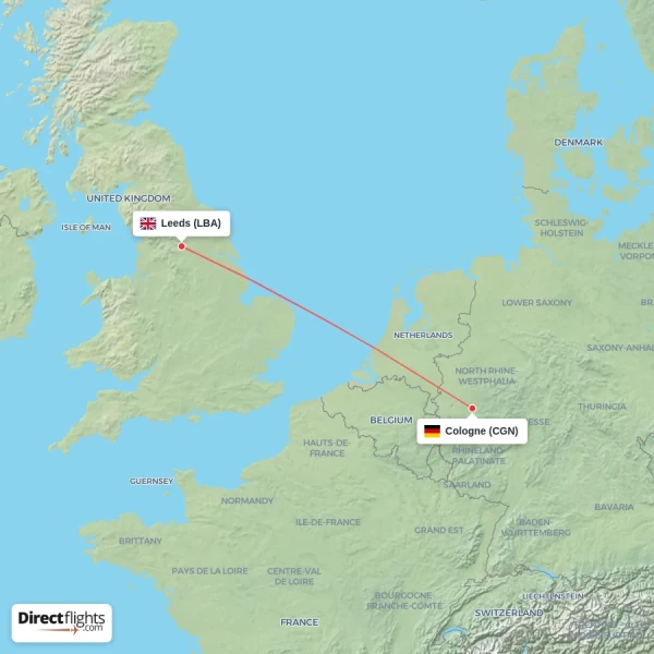 Leeds - Cologne direct flight map
