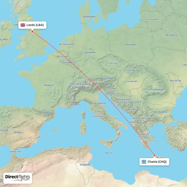 Leeds - Chania direct flight map
