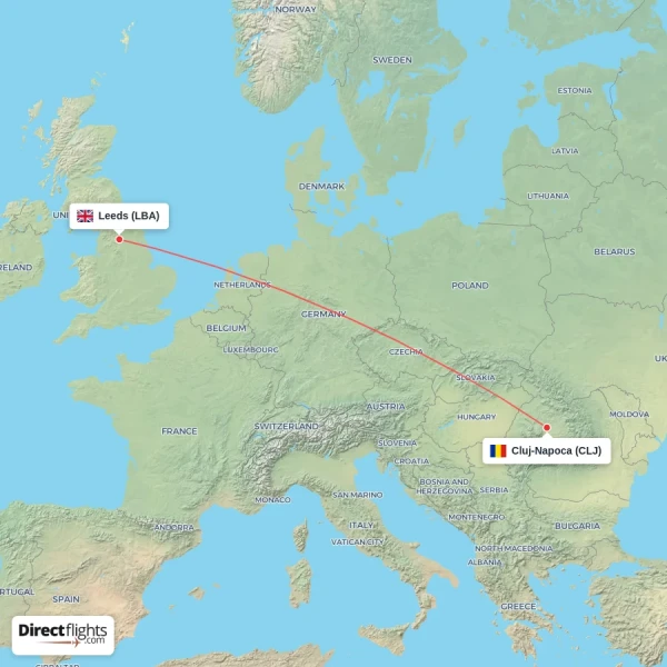 Leeds - Cluj-Napoca direct flight map