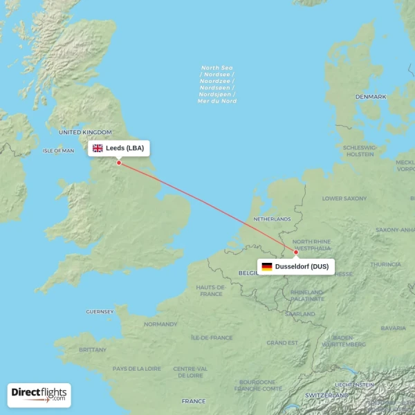 Leeds - Dusseldorf direct flight map