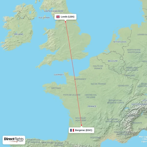Leeds - Bergerac direct flight map