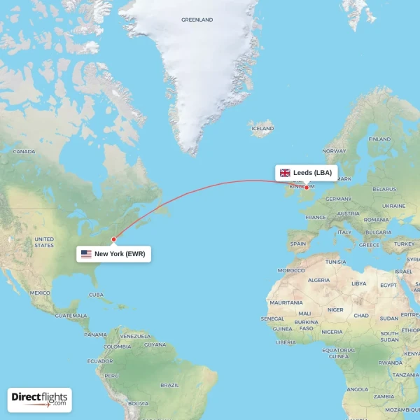 Leeds - New York direct flight map