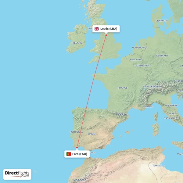 Leeds - Faro direct flight map