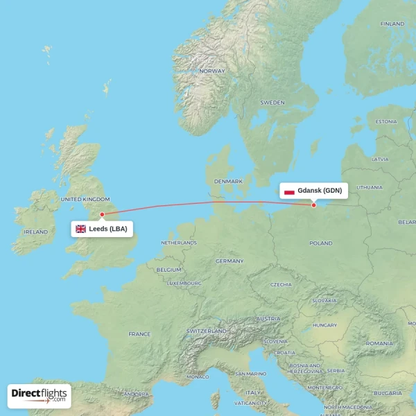 Leeds - Gdansk direct flight map