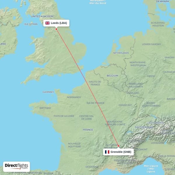 Leeds - Grenoble direct flight map