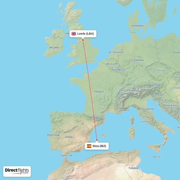 Leeds - Ibiza direct flight map