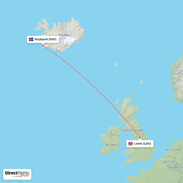 Leeds - Reykjavik direct flight map