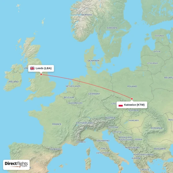 Leeds - Katowice direct flight map