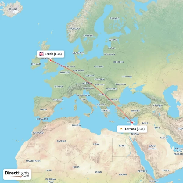 Leeds - Larnaca direct flight map