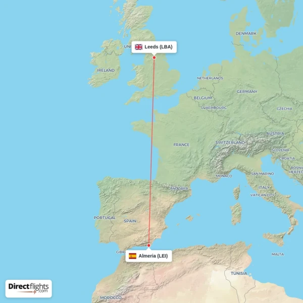 Leeds - Almeria direct flight map