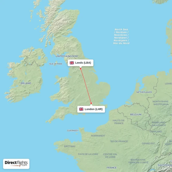 Leeds - London direct flight map