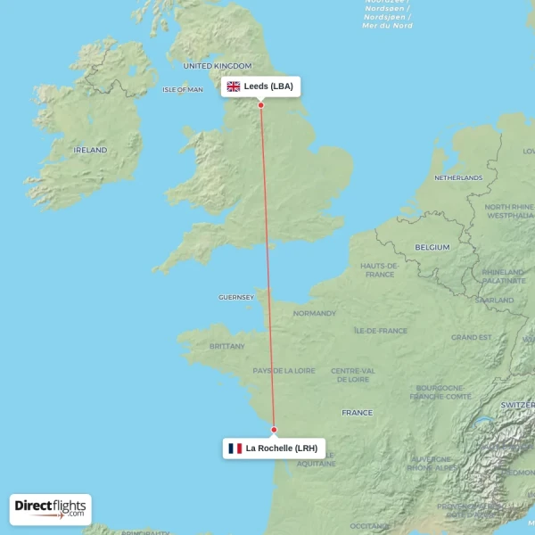 Leeds - La Rochelle direct flight map