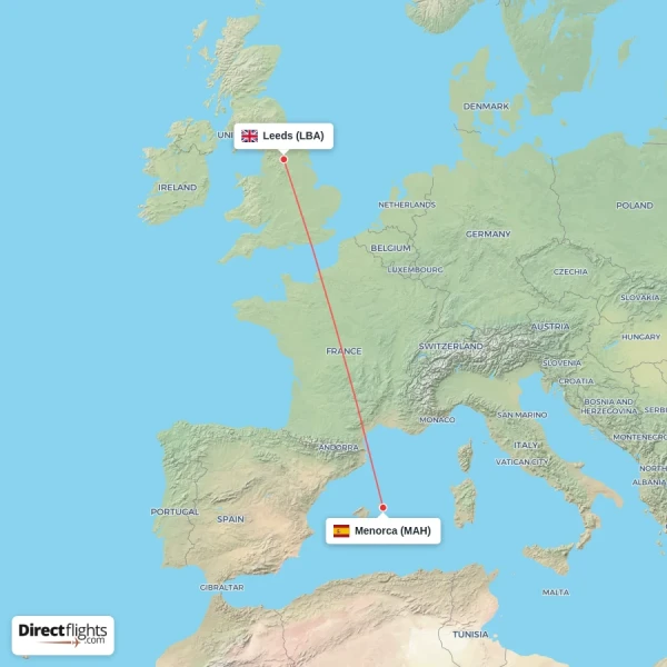 Leeds - Menorca direct flight map