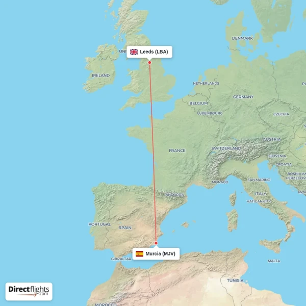 Leeds - Murcia direct flight map