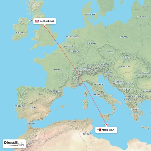 Leeds - Malta direct flight map