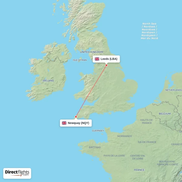 Leeds - Newquay direct flight map