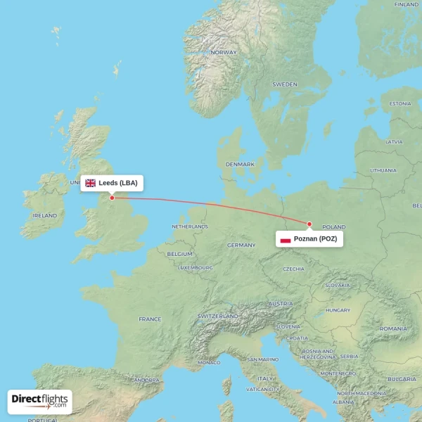 Leeds - Poznan direct flight map