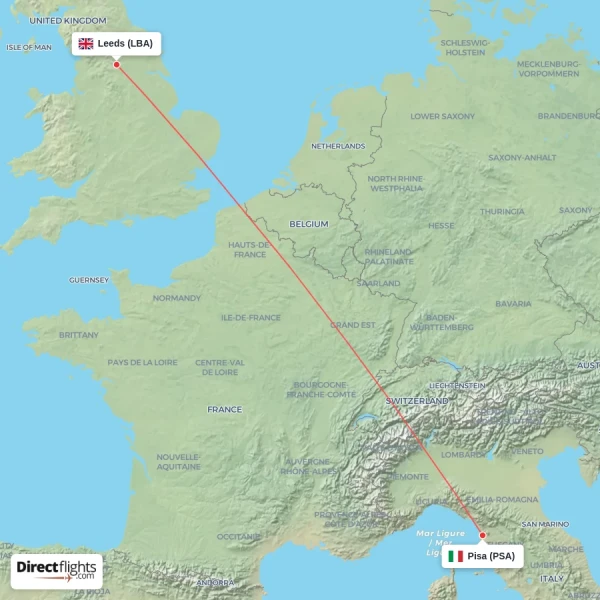 Leeds - Pisa direct flight map