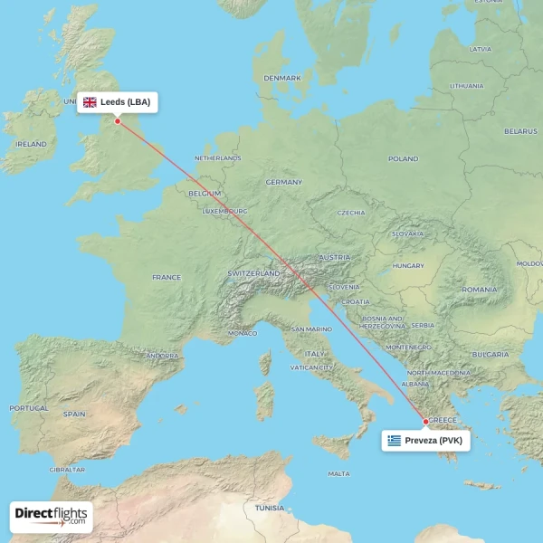 Leeds - Preveza direct flight map