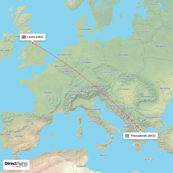 Leeds - Thessaloniki direct flight map