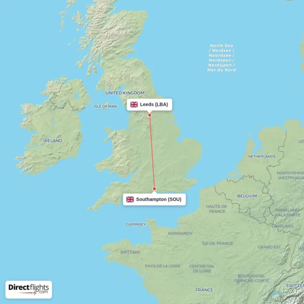Leeds - Southampton direct flight map