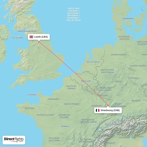 Leeds - Strasbourg direct flight map