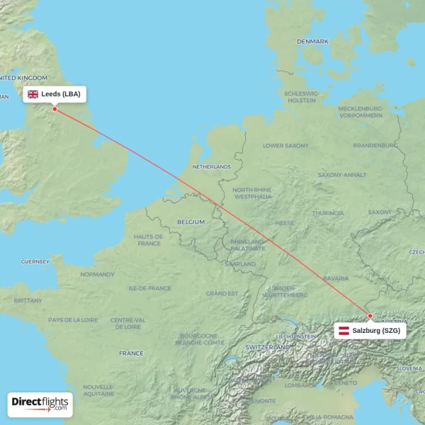 Leeds - Salzburg direct flight map