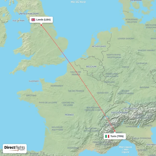 Leeds - Turin direct flight map
