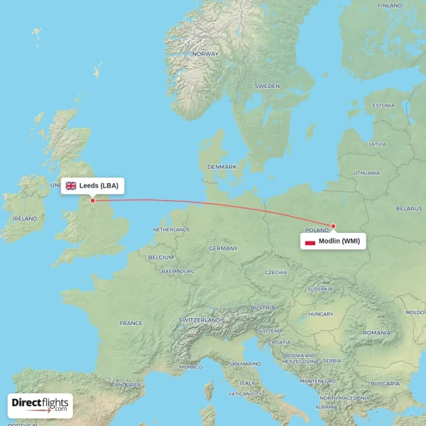 Leeds - Modlin direct flight map