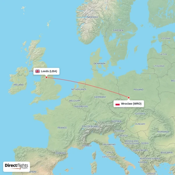 Leeds - Wroclaw direct flight map