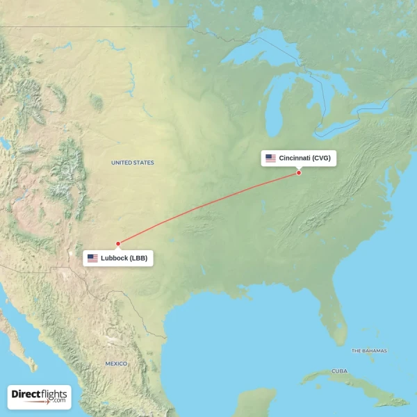 Lubbock - Cincinnati direct flight map