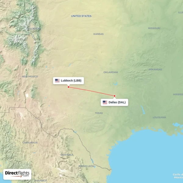 Lubbock - Dallas direct flight map