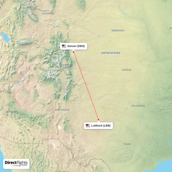 Lubbock - Denver direct flight map