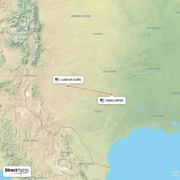 Lubbock - Dallas direct flight map