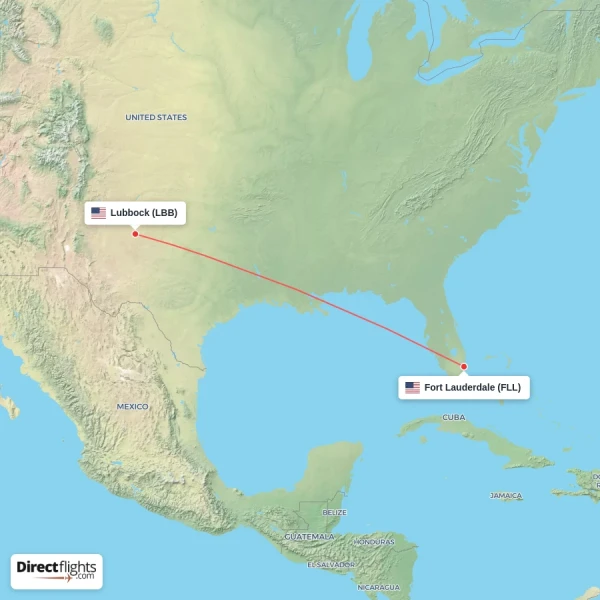 Lubbock - Fort Lauderdale direct flight map