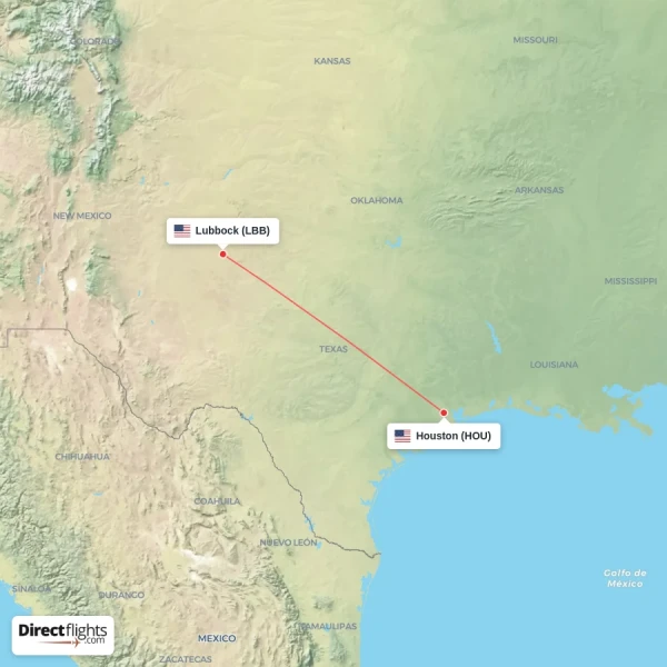 Lubbock - Houston direct flight map