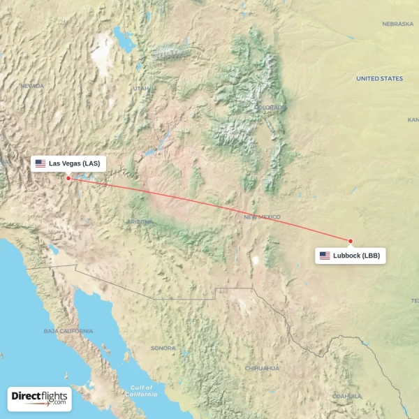 Lubbock - Las Vegas direct flight map