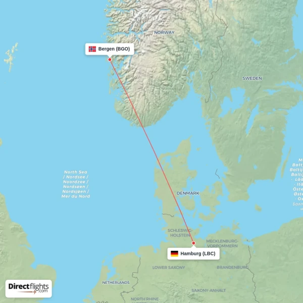 Hamburg - Bergen direct flight map