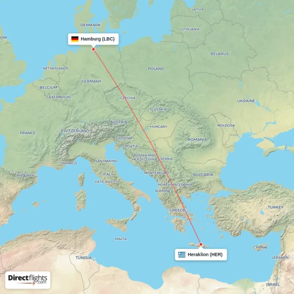 Hamburg - Heraklion direct flight map